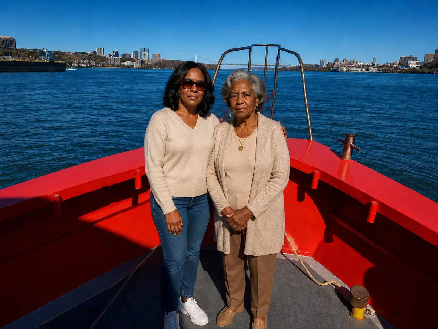 Mother and daughter enjoying a New York Harbor cruise