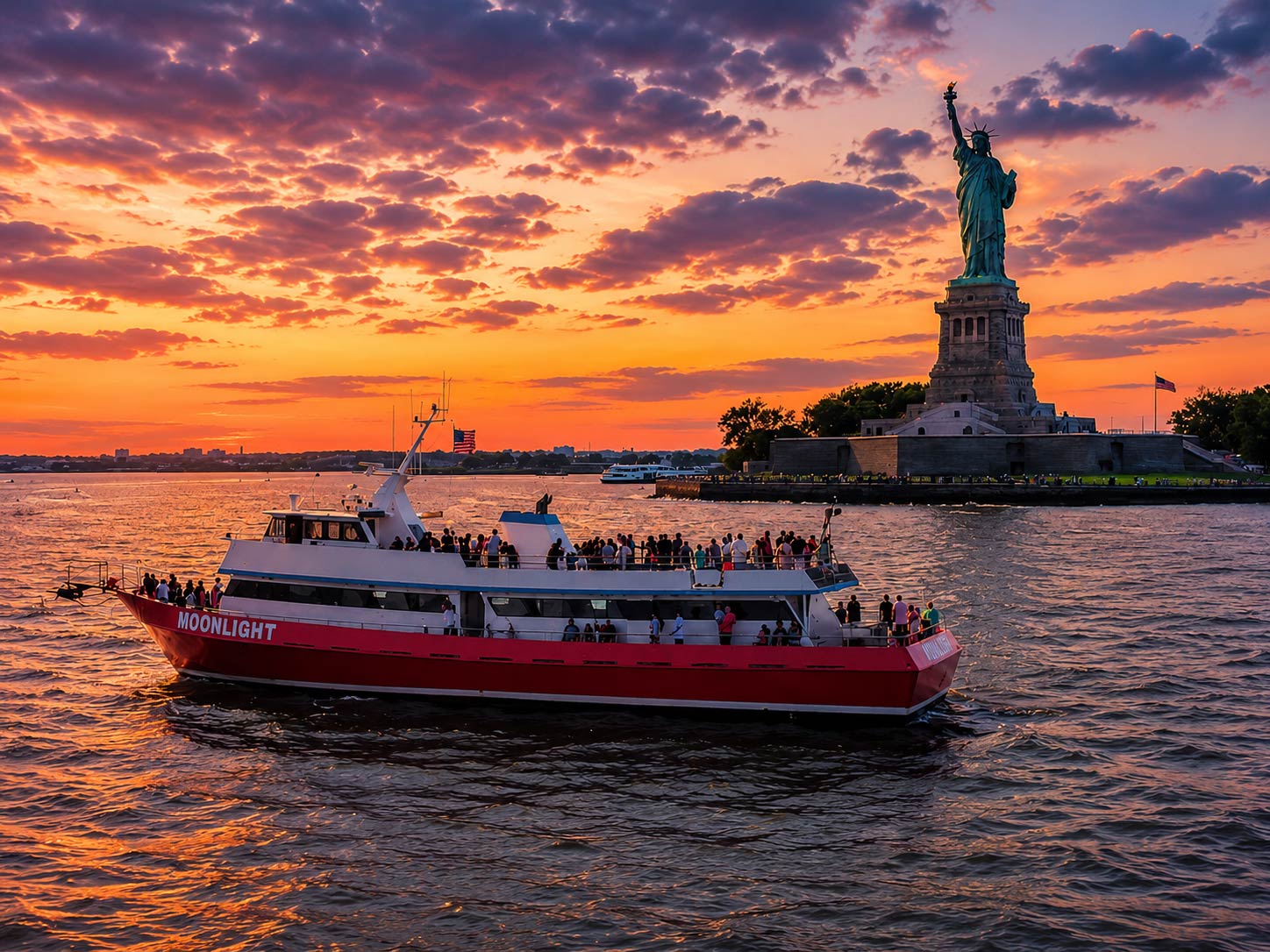 A sunset view of the Moonlight but passes by the Statue of Liberty at sunset. 