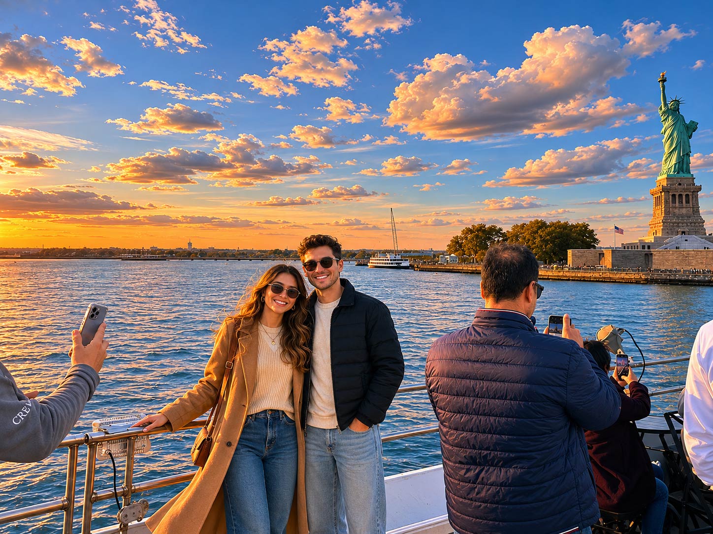 the perfect couple taking the perfect Statue of Liberty sunset cruise photo