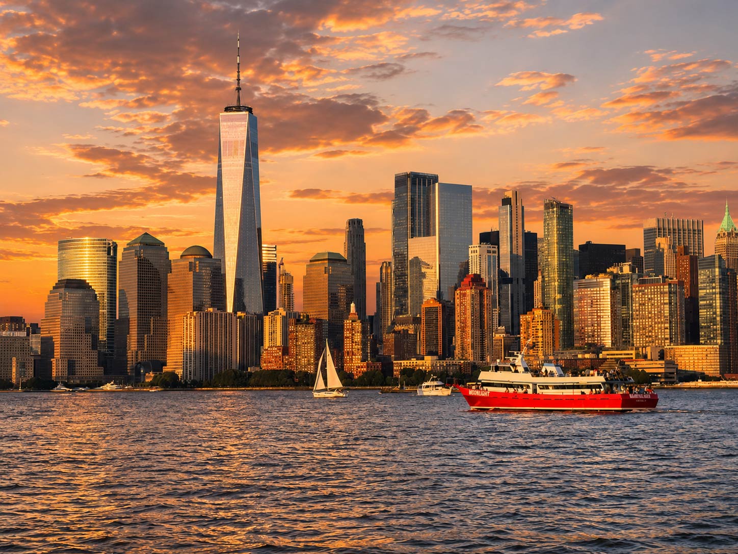 An amazing view of a boat cruises in front the NYC skyline at Sunset. 